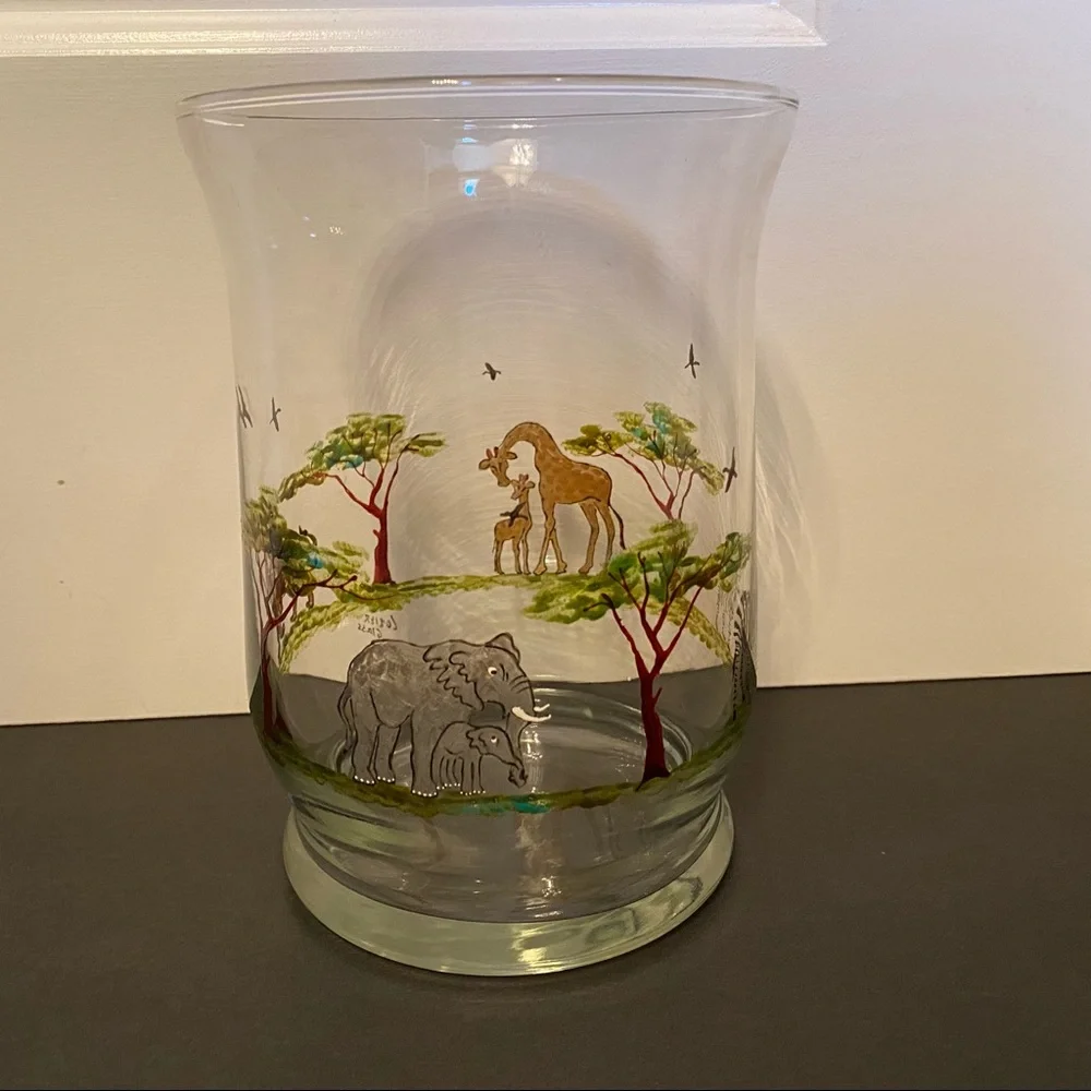 LOZIER GLASS CANDLE HOLDER HAND PAINTED SAFARI ANIMALS 8” HIGH HOME ACCENT USA